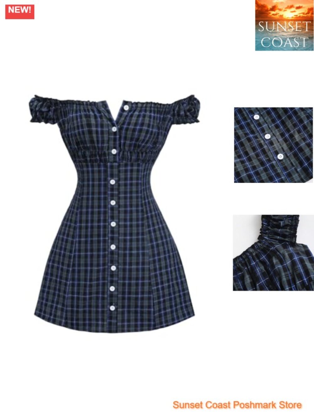 Y2K Plaid Bodycon Mini Dress Off Shoulder Puff Sleeve Button Down